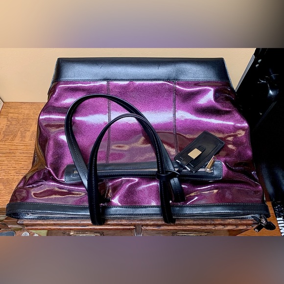 LODIS Black Leather Purple Aluminum Flash Laptop Tote Overnight Handbag Purse - Picture 8 of 16